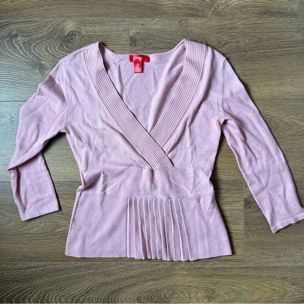 Vintage Light Pink V-Neck 3/4 Sleeve Sweater Size XS
